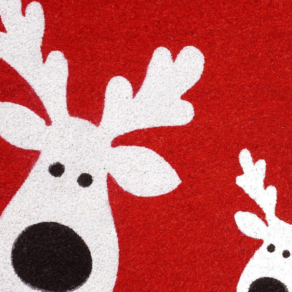 17" X 29" Red and White Coir Reindeer Outdoor Christmas Door Mat