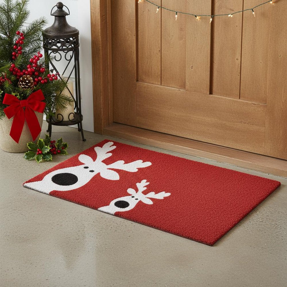 17" X 29" Red and White Coir Reindeer Outdoor Christmas Door Mat