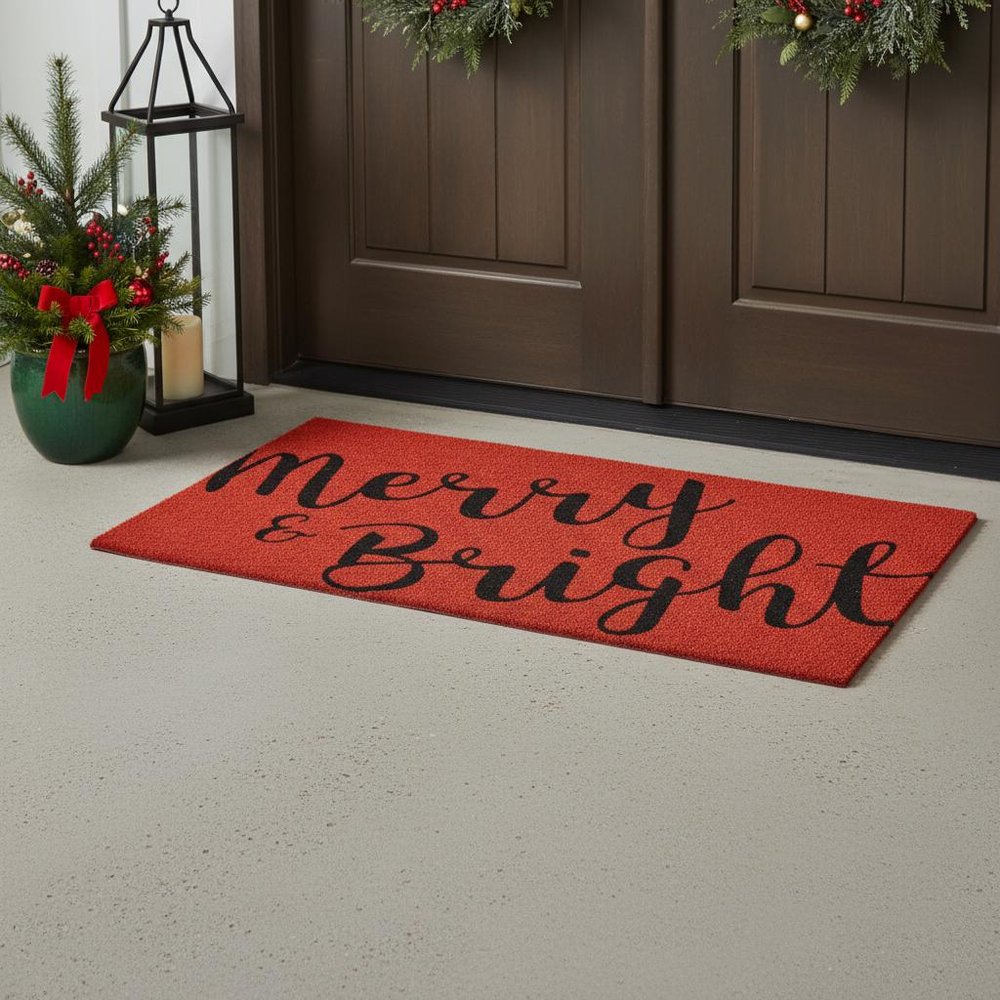 24" X 36" Red and Black Coir Merry and Bright Outdoor Christmas Door Mat