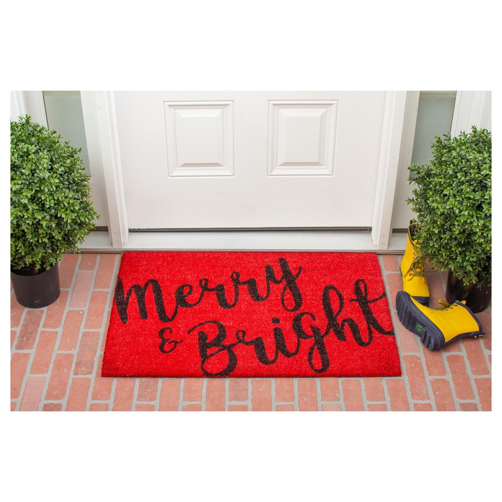 24" X 36" Red and Black Coir Merry and Bright Outdoor Christmas Door Mat