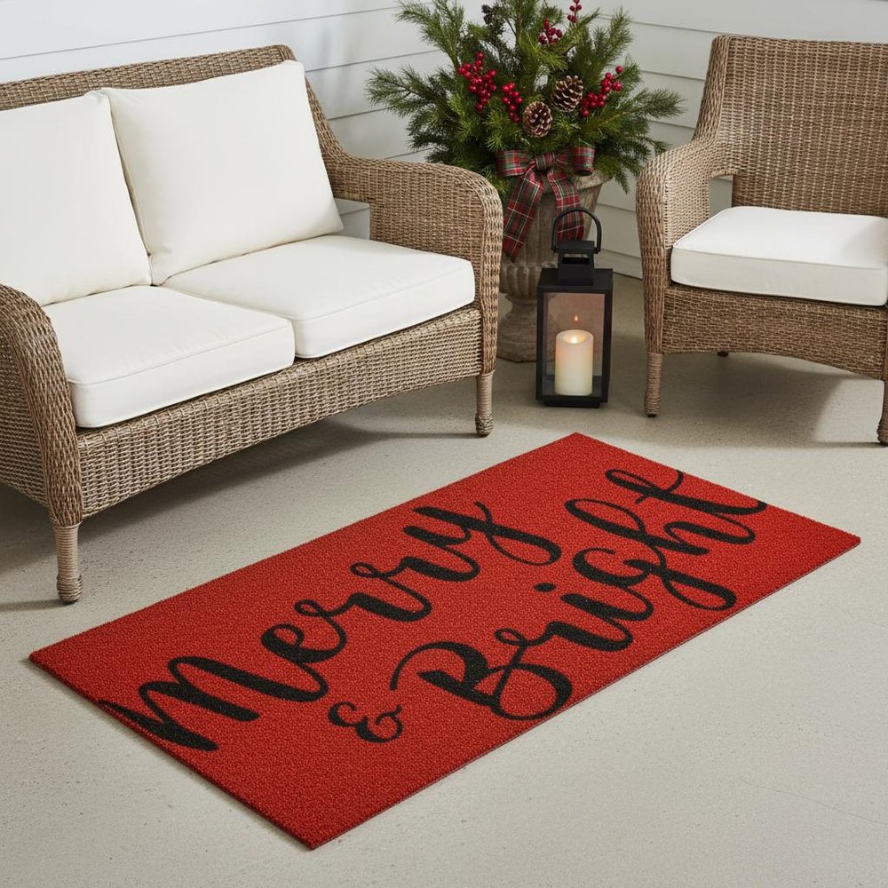 24" X 36" Red and Black Coir Merry and Bright Outdoor Christmas Door Mat