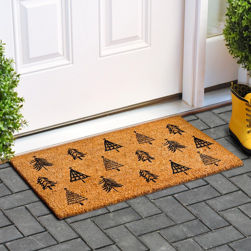 17" X 29" Natural and Black Coir Floral Welcome Outdoor Door Mat