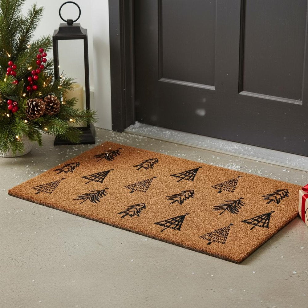 17" X 29" Natural and Black Coir Floral Welcome Outdoor Door Mat