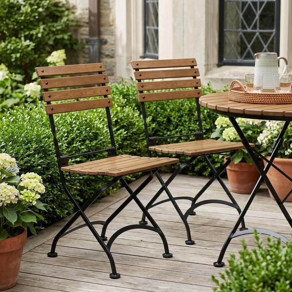 Set of Two Brown Steel Outdoor Folding Accent Chairs