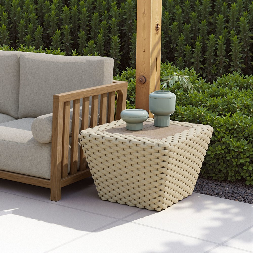 24" Natural And White Square Solid Wood And Wicker Outdoor Coffee Table