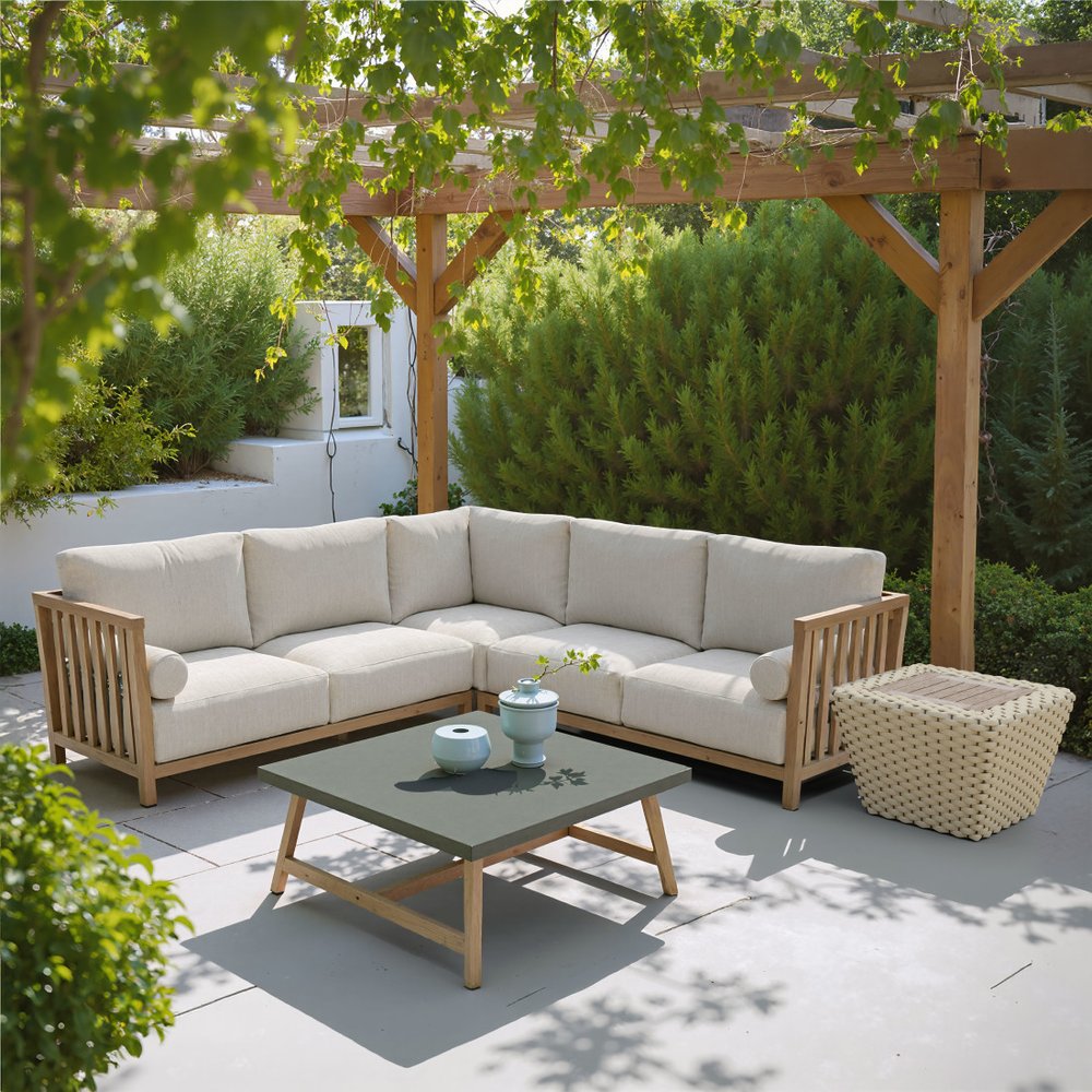 24" Natural And White Square Solid Wood And Wicker Outdoor Coffee Table