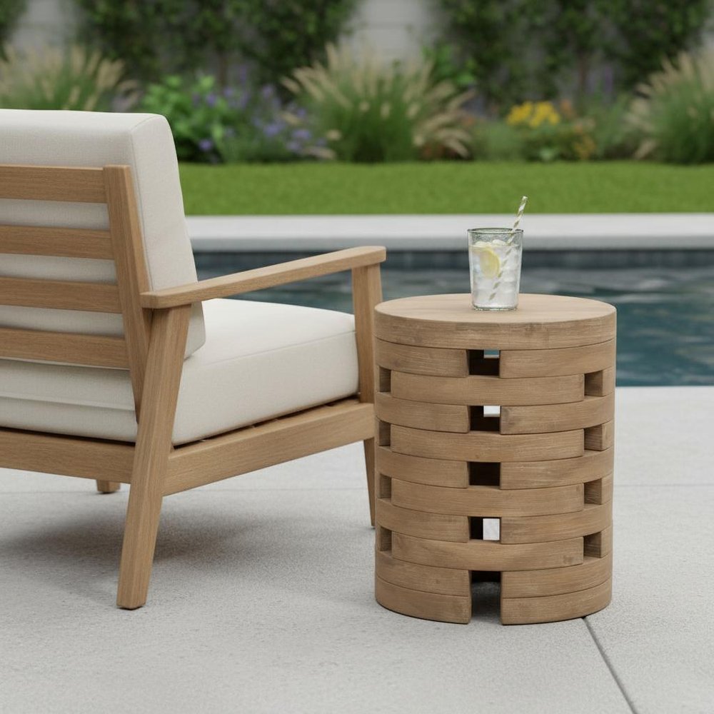 14" Natural Solid Wood Round Outdoor Side Table