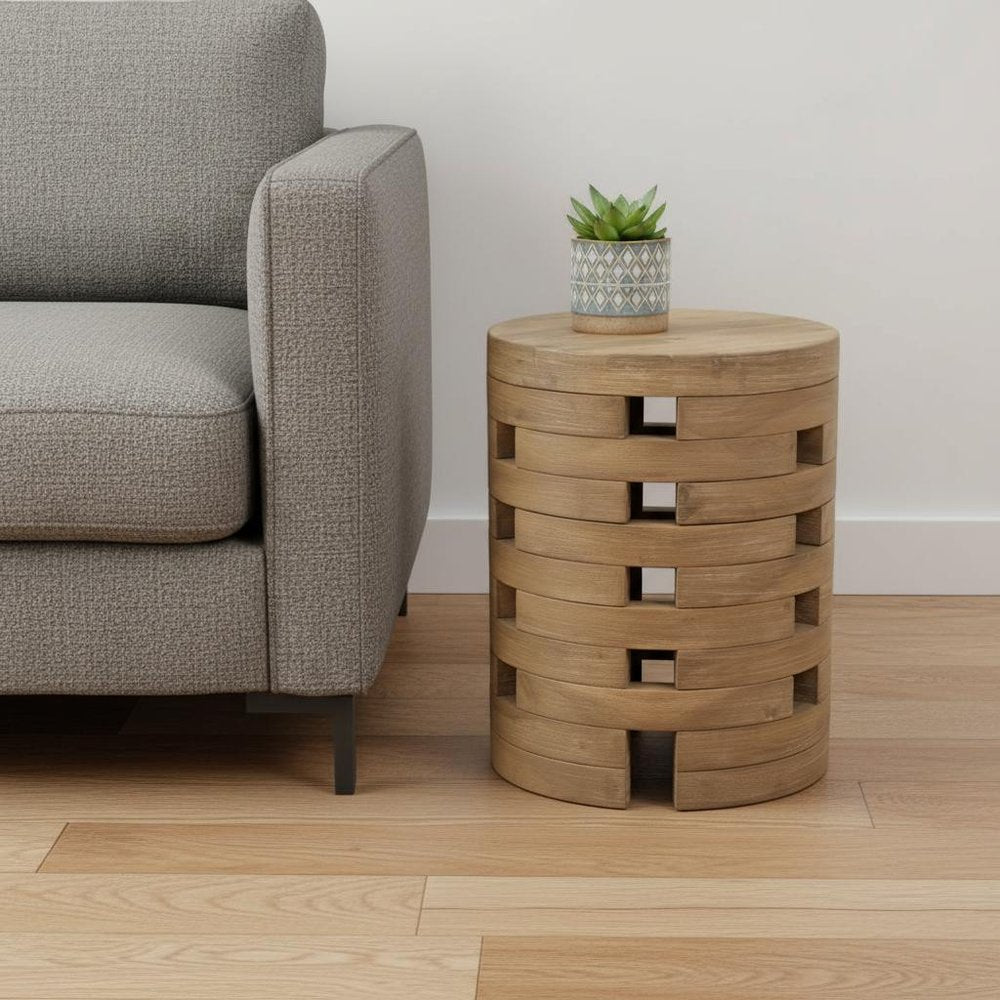 14" Natural Solid Wood Round Outdoor Side Table