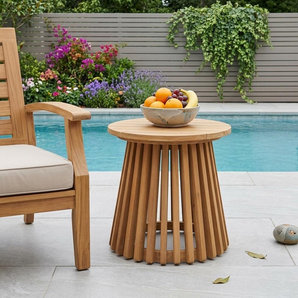 16" Natural Solid Wood Round Outdoor Side Table