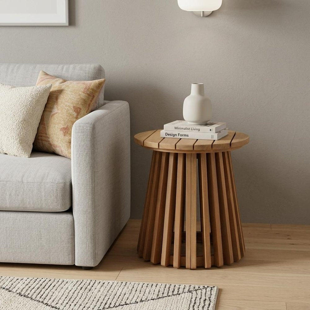 16" Natural Solid Wood Round Outdoor Side Table