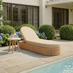 16" Beige and Natural Stone and Solid Wood Round Outdoor Side Table