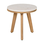 16" Beige and Natural Stone and Solid Wood Round Outdoor Side Table