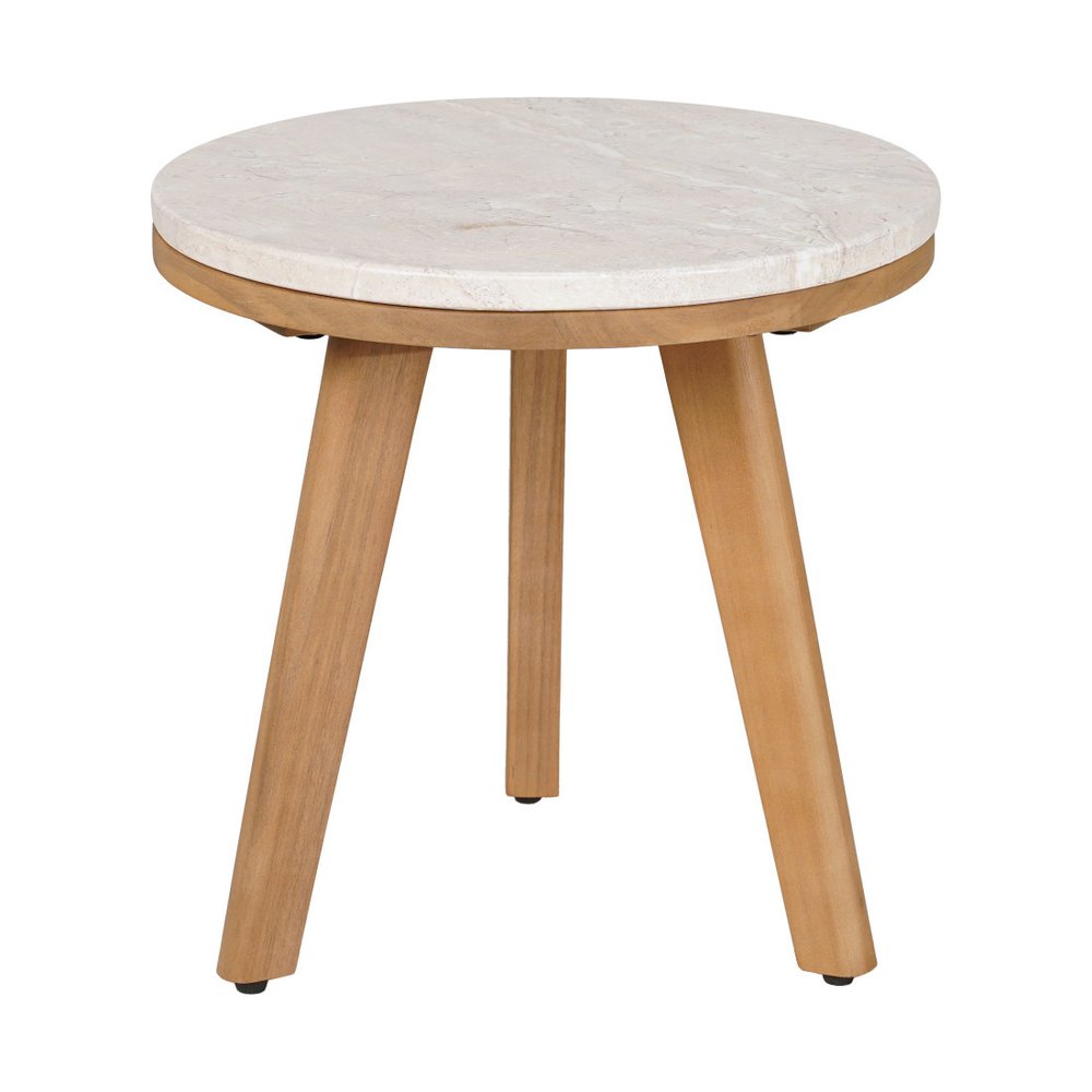 16" Beige and Natural Stone and Solid Wood Round Outdoor Side Table