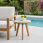 16" Beige and Natural Stone and Solid Wood Round Outdoor Side Table