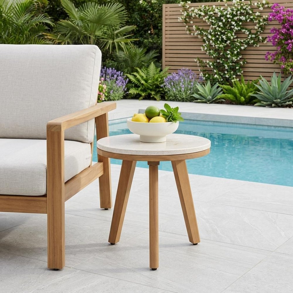 16" Beige and Natural Stone and Solid Wood Round Outdoor Side Table