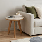 16" Beige and Natural Stone and Solid Wood Round Outdoor Side Table