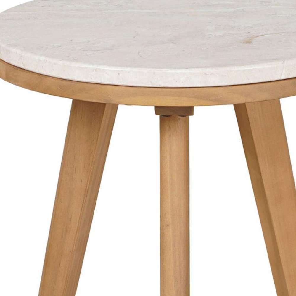 16" Beige and Natural Stone and Solid Wood Round Outdoor Side Table