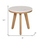 16" Beige and Natural Stone and Solid Wood Round Outdoor Side Table