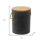 14" Natural and Black Solid Wood and Faux Concrete Round Outdoor Side Table