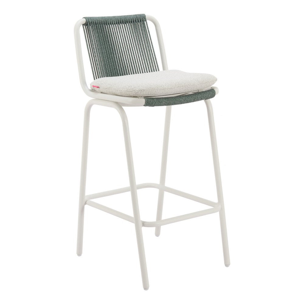 Set of Two White and Green Woven Back And Aluminum Counter Height Bar Chairs