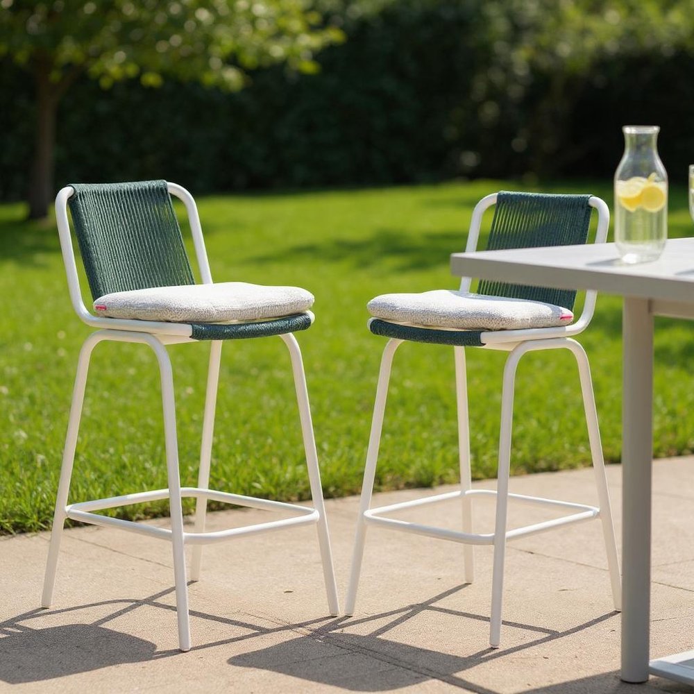 Set of Two White and Green Woven Back And Aluminum Counter Height Bar Chairs