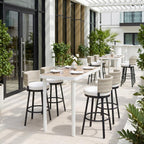 31" Black Natural and White Aluminum And Faux Rattan Swivel Bar Height Bar Chair