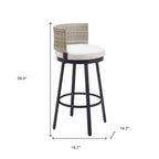 31" Black Natural and White Aluminum And Faux Rattan Swivel Bar Height Bar Chair