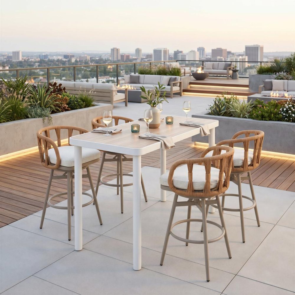 30" Gray Natural and White Aluminum And Faux Rattan Swivel Bar Height Chair