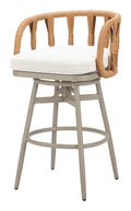 30" Gray Natural and White Aluminum And Faux Rattan Swivel Bar Height Chair