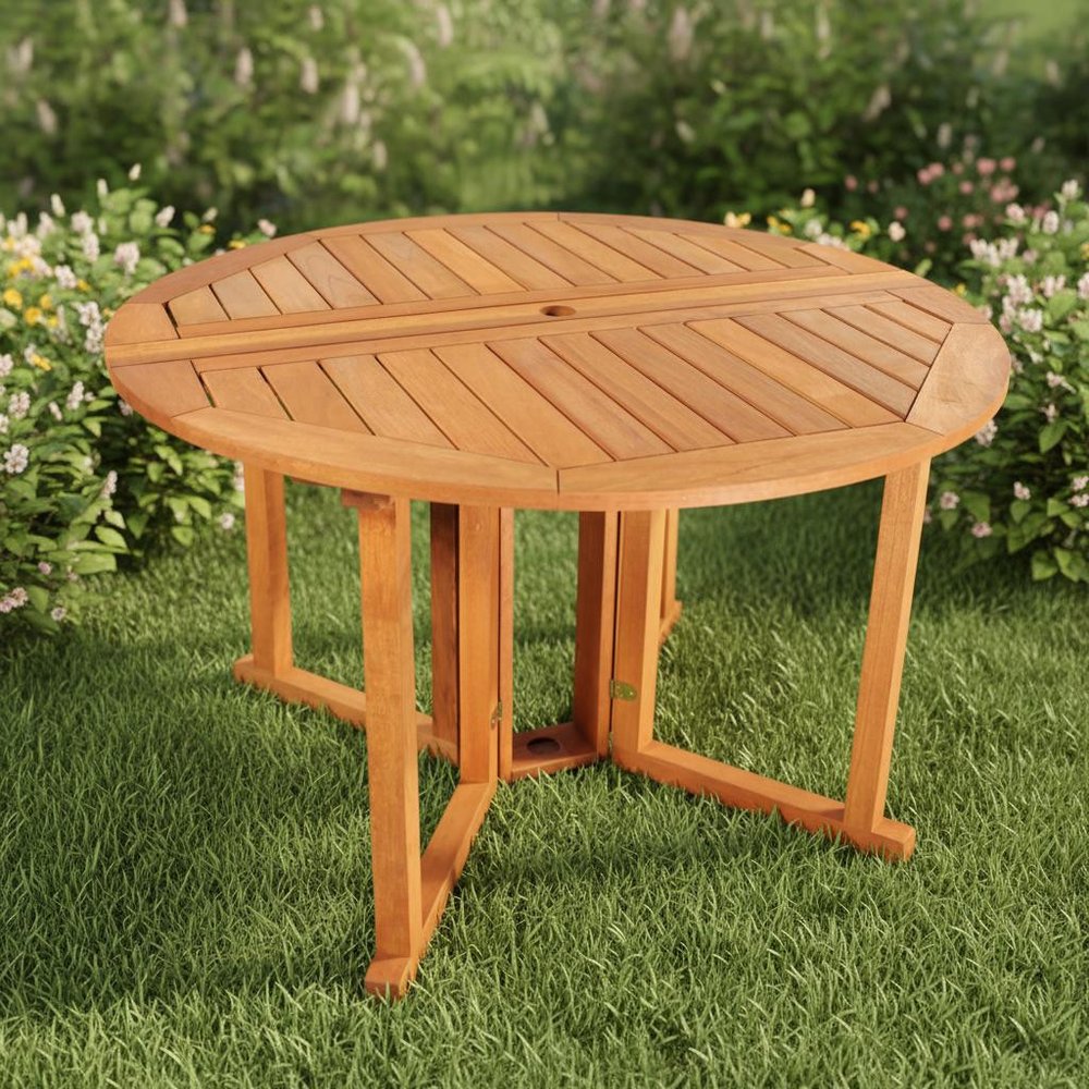 47" Brown Rounded Solid Wood Folding Outdoor Dining Table with Umbrella Hole
