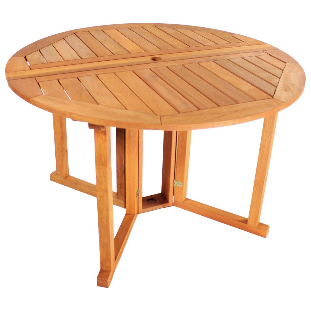 47" Brown Rounded Solid Wood Folding Outdoor Dining Table with Umbrella Hole
