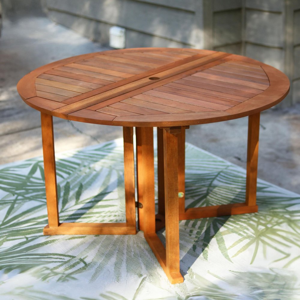 47" Brown Rounded Solid Wood Folding Outdoor Dining Table with Umbrella Hole