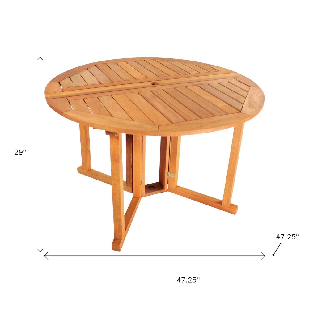 47" Brown Rounded Solid Wood Folding Outdoor Dining Table with Umbrella Hole