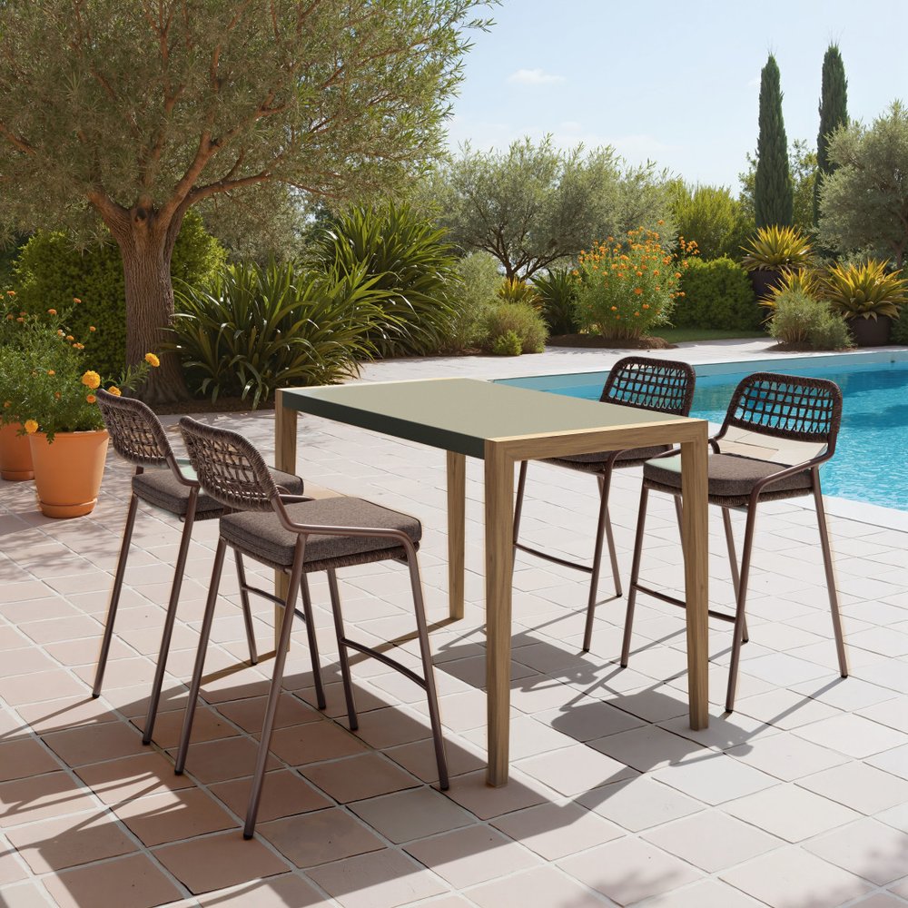56" Gray And Natural Faux Concrete And Solid Wood Outdoor Bar Table