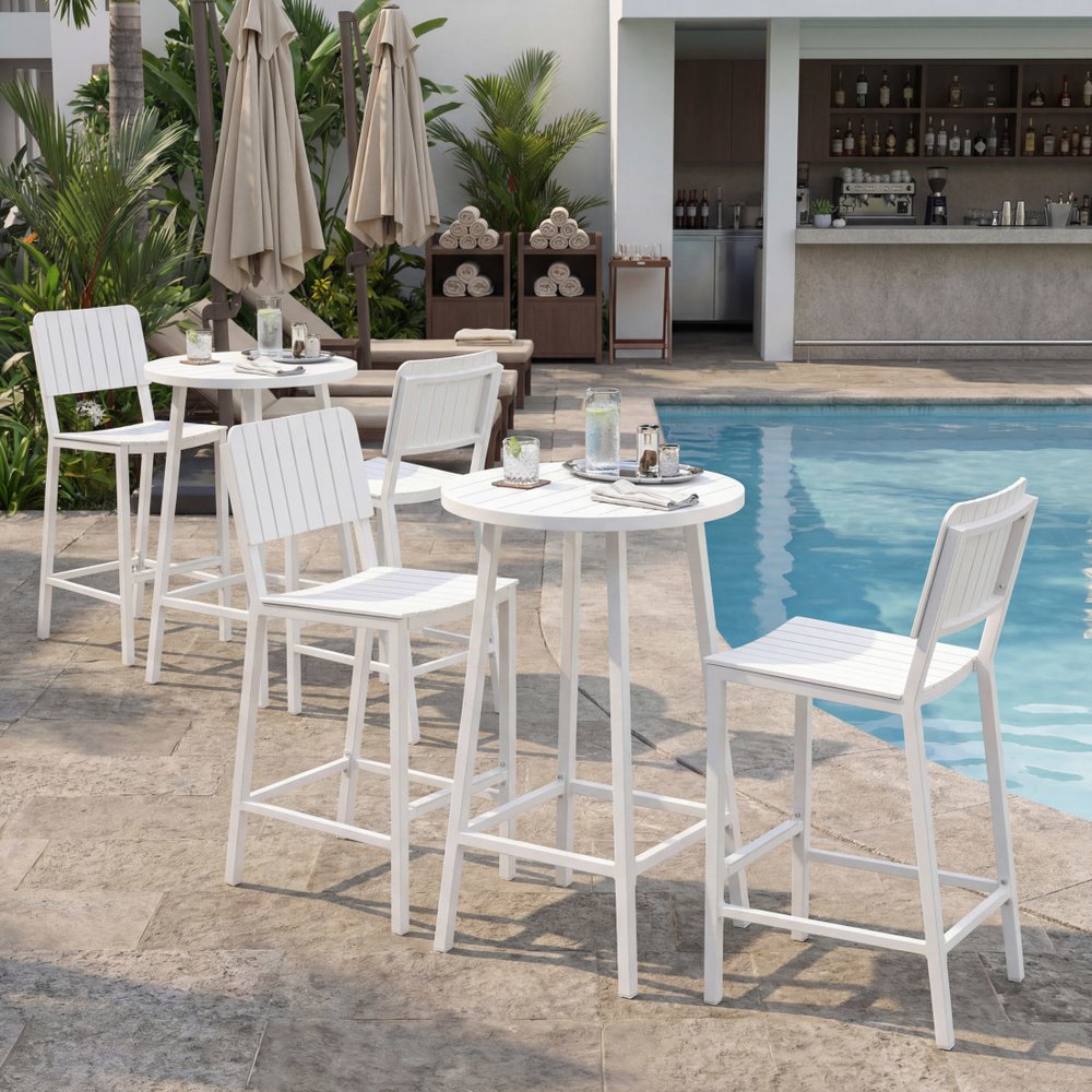 24" White Aluminum Slat Rounded Outdoor Bar Table