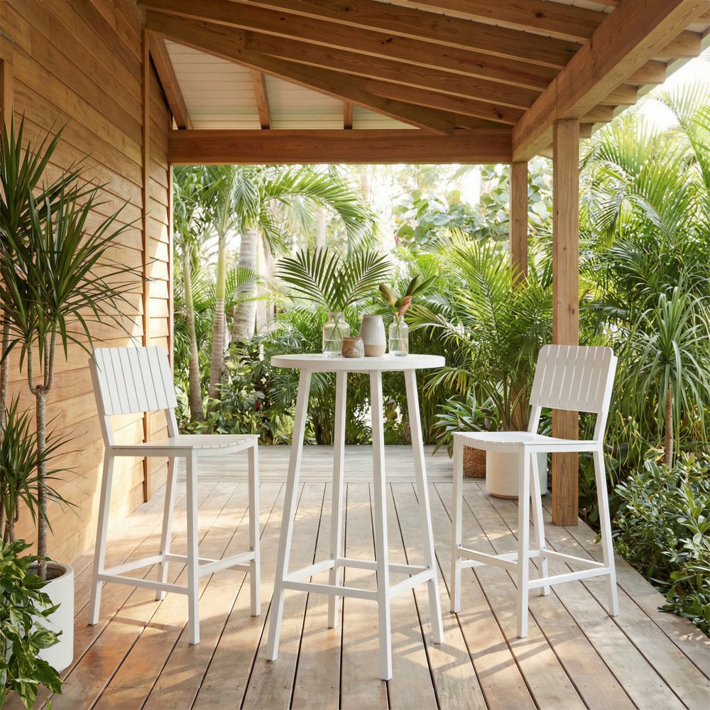 24" White Aluminum Slat Rounded Outdoor Bar Table