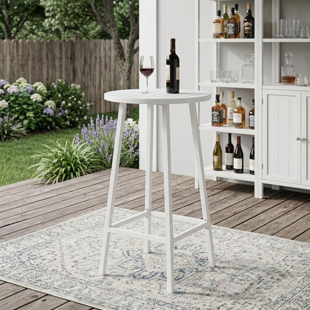 24" White Aluminum Slat Rounded Outdoor Bar Table