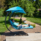 74" Silver Steel Outdoor Floating Chaise Lounge with Teal Blue Cushion And Canopy
