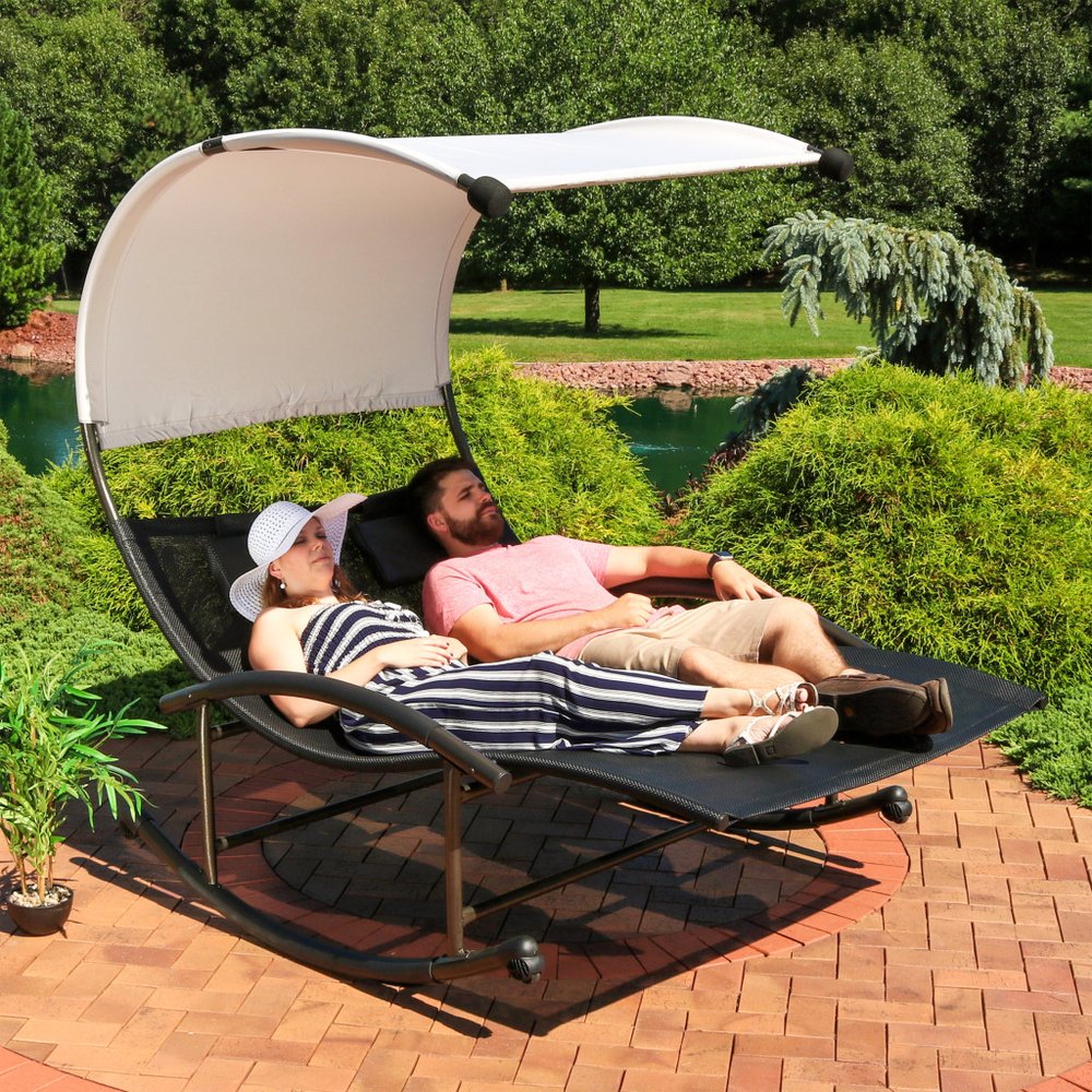 70" Black Steel Sling Outdoor Rocking Chaise Lounge With Canopy