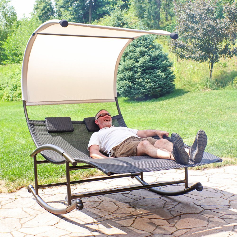 70" Black Steel Sling Outdoor Rocking Chaise Lounge With Canopy