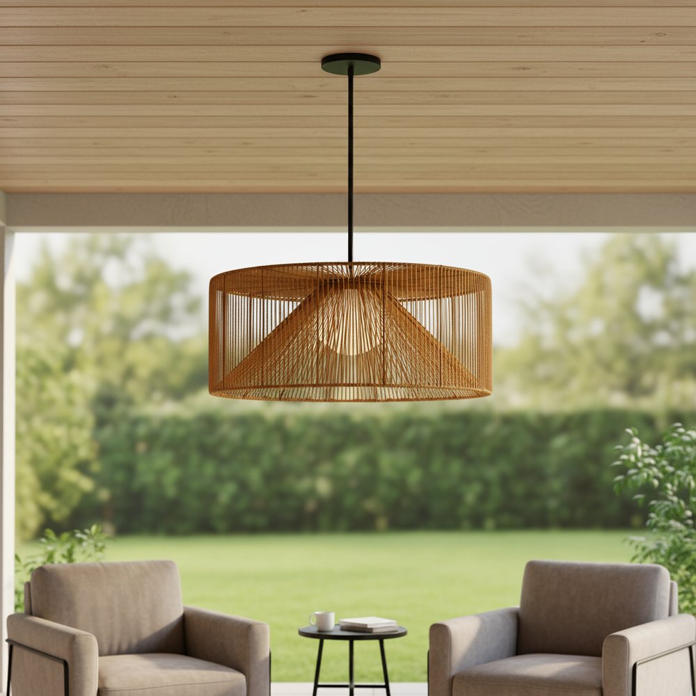 Natural And Black Rattan And Metal LED Dimmable Outdoor Hanging Pendent Light