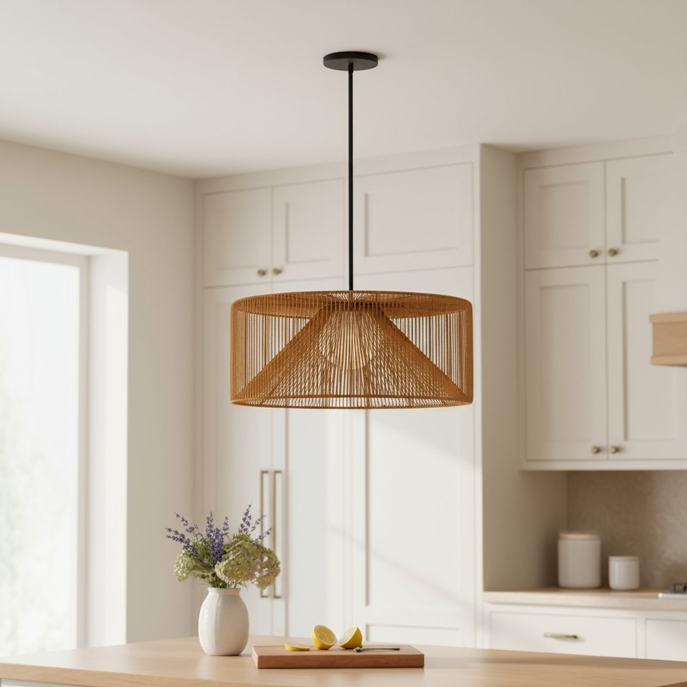 Natural And Black Rattan And Metal LED Dimmable Outdoor Hanging Pendent Light