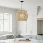 Natural And Black Rattan And Metal LED Dimmable Barrel Outdoor Hanging Pendent Light