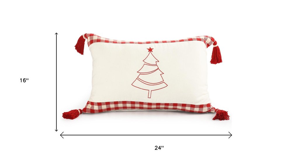 16" X 24" Red And White Lumbar Christmas Christmas Tree Plaid Cotton Throw Pillow Cover