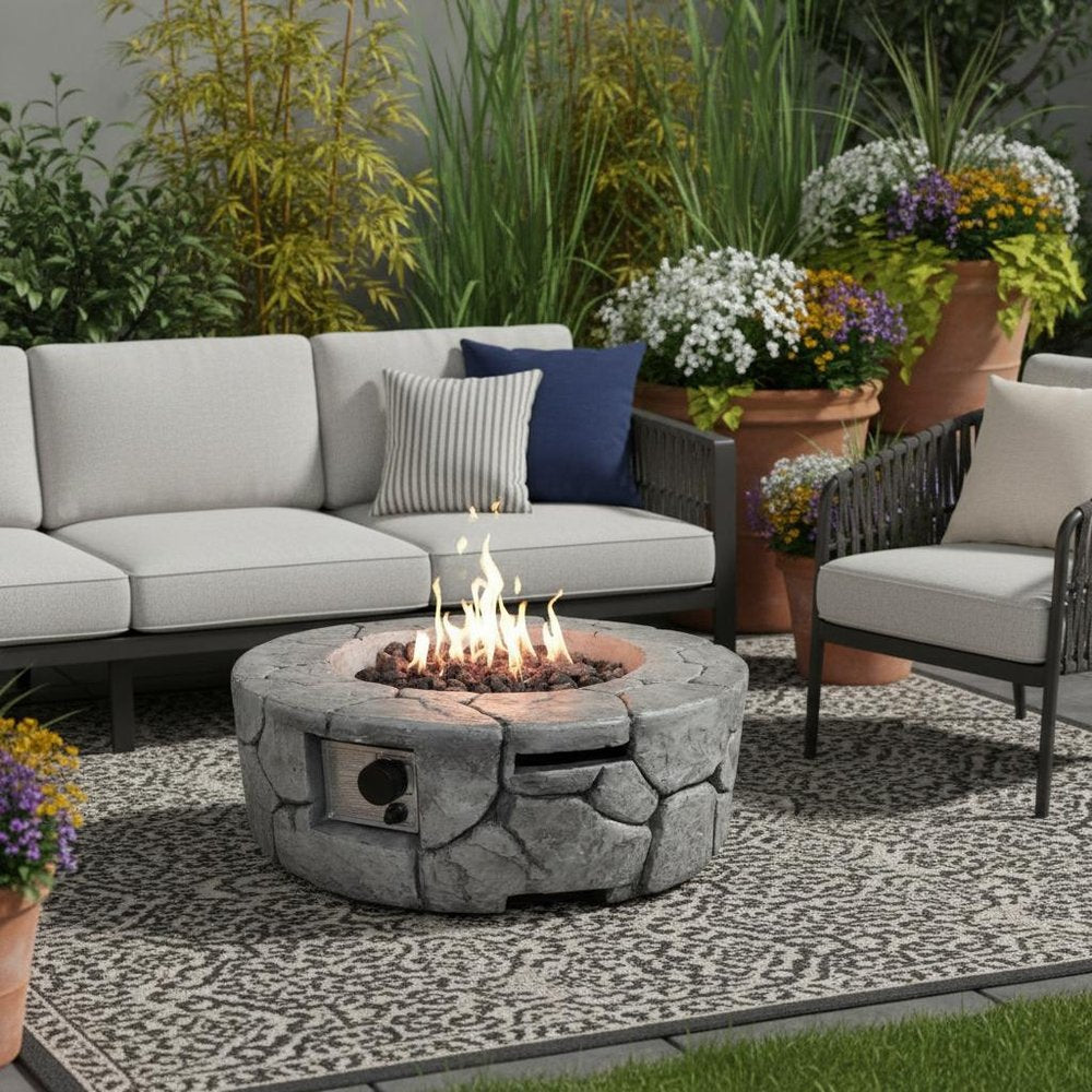 40000 BTU 28" Gray Concrete Propane Round Fire Pit With Cover