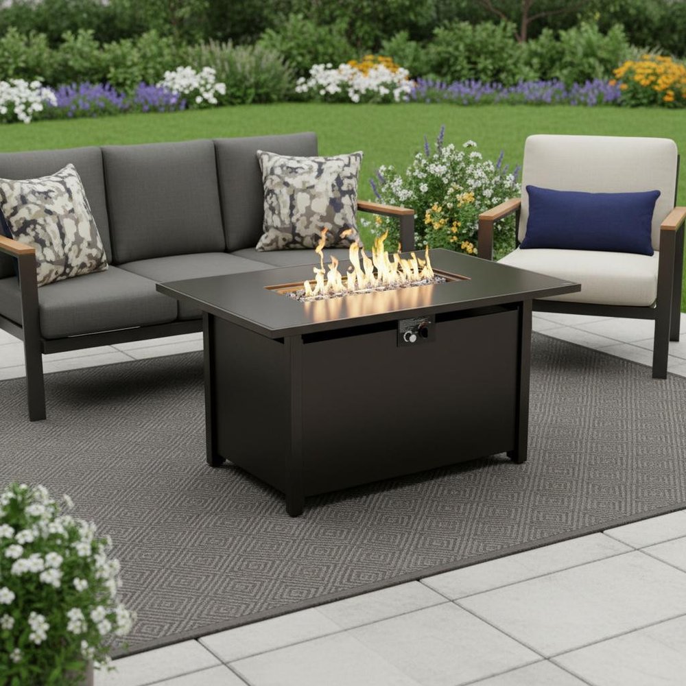 40000 BTU 42" Black Steel Propane Rectangular Fire Pit With Cover