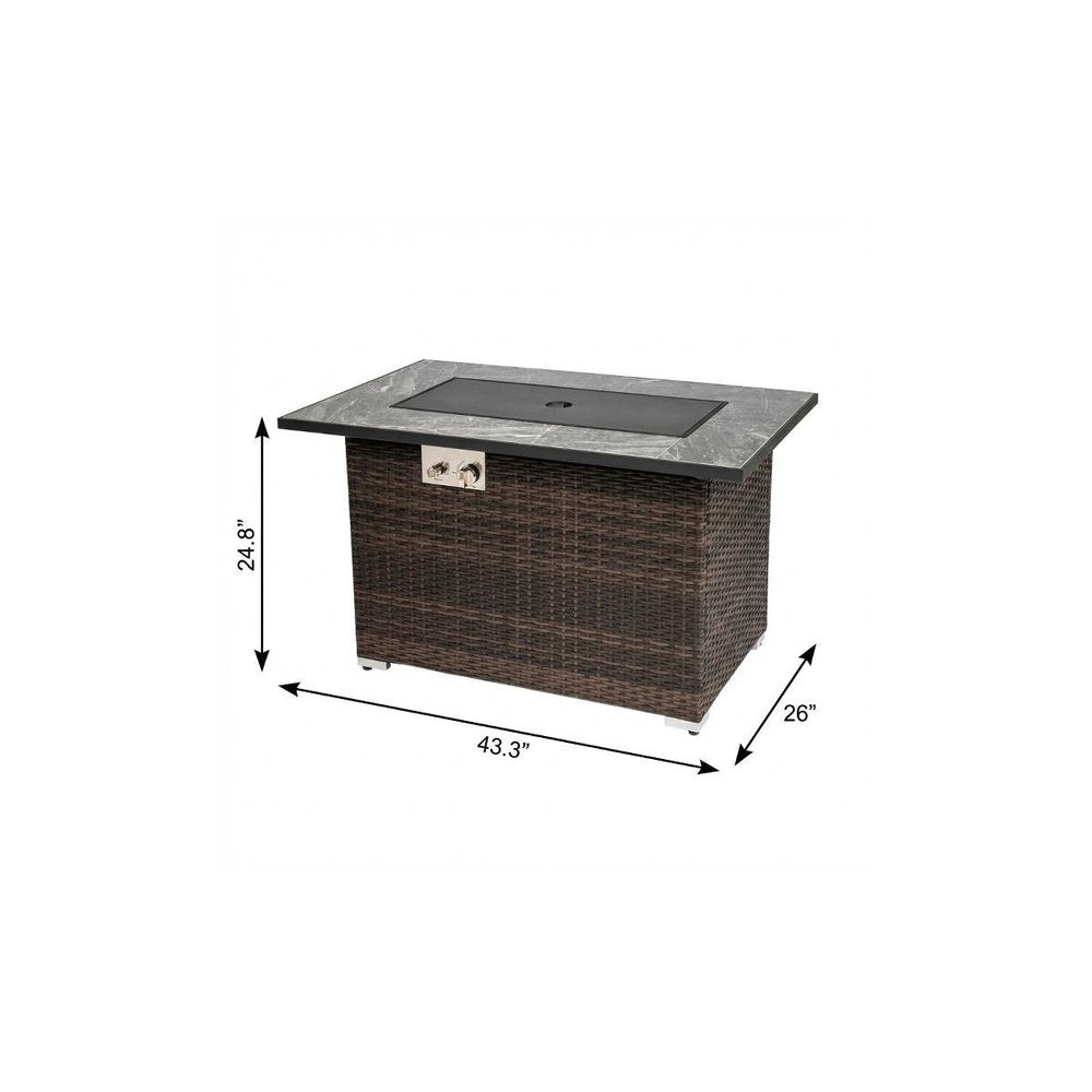 50000 BTU 43" Brown Wicker Propane Rectangular Fire Pit With Cover