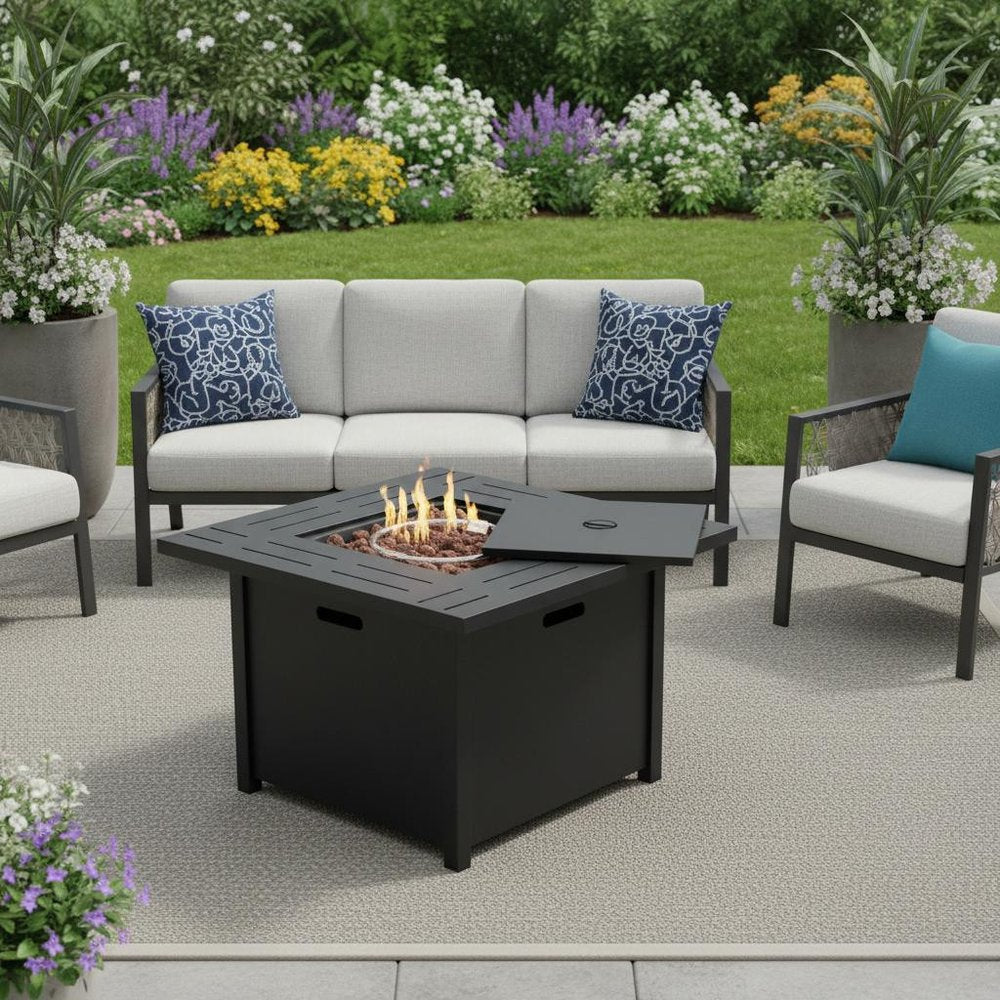 50000 BTU 28" Black Steel Propane Square Fire Pit Table With Cover
