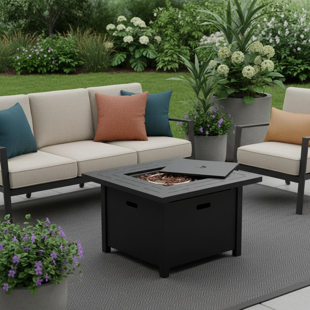 50000 BTU 28" Black Rattan Propane Square Fire Pit With Cover