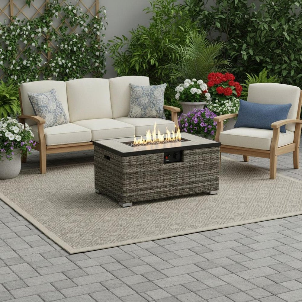 50000 BTU 32" Beige Iron Propane Rectangular Fire Pit With Cover
